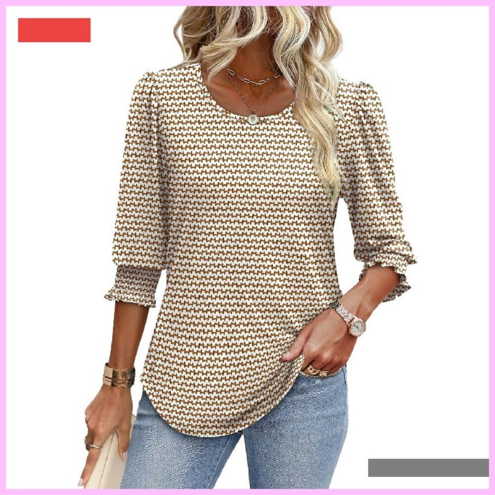 Women's 3/4 Sleeve Smocked Cuff Blouse Casual Dressy Top - Picture 2 of 4